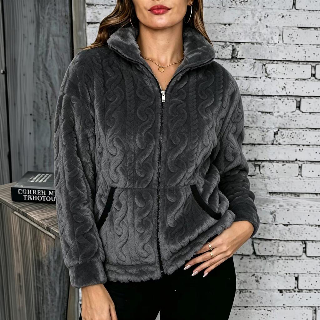 Women's Zip-Up Cardigan Soft Plush Warm Outerwear with Pockets for Fall and Winter