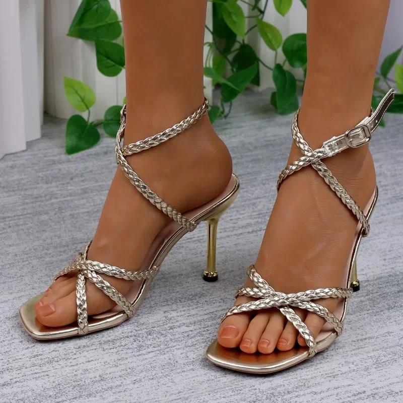 Hot Selling Versatile New Summer High Heels Women's Round Toe Thin Strap Patent Leather Open Toe Slim Buckle Large Size Sandals