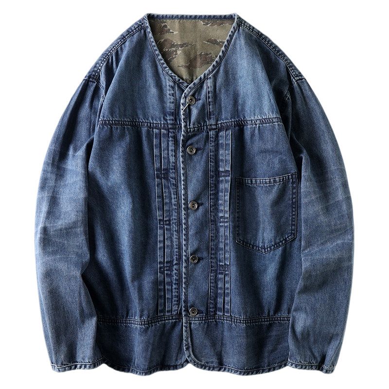 Collarless Denim coat Men's Spring and Autumn Japan fashion Retro Fashion Brand Patchwork Top Export Overplus Order Men's Clothing Jacket