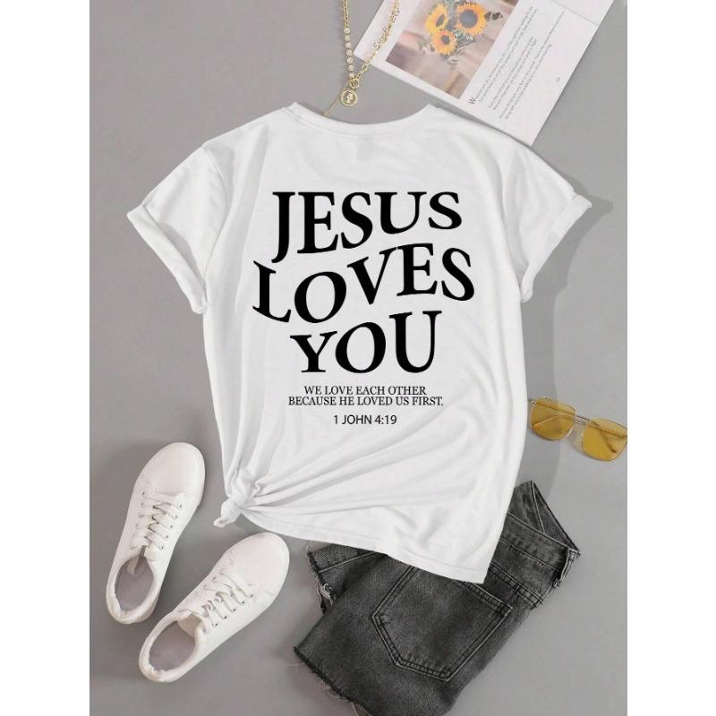 

Jesus Loves You Letter Print Women T-Shirts Summer Breathable Soft Tees Street Fashion Short Sleeve Casual Sport Loose Clothes XS