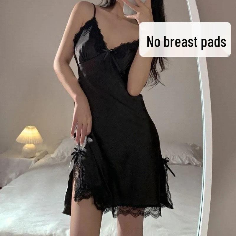 New Ice Silk Lace Pajamas with Chest Pad - Sexy French Camisole Nightdress