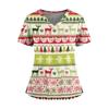 Women's Christmas Print V-Neck Short Sleeve Top with Double Pockets and Side Slits