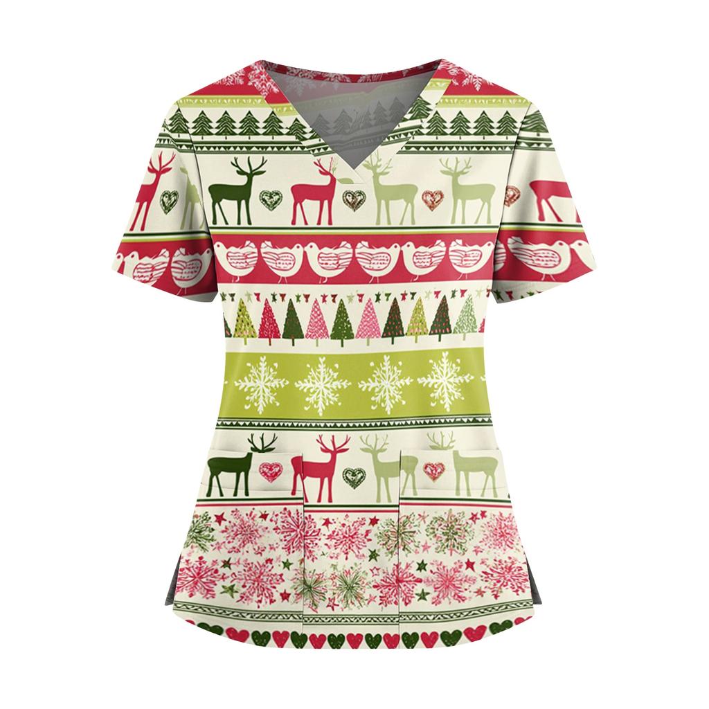 Women's Christmas Print V-Neck Short Sleeve Top with Double Pockets and Side Slits