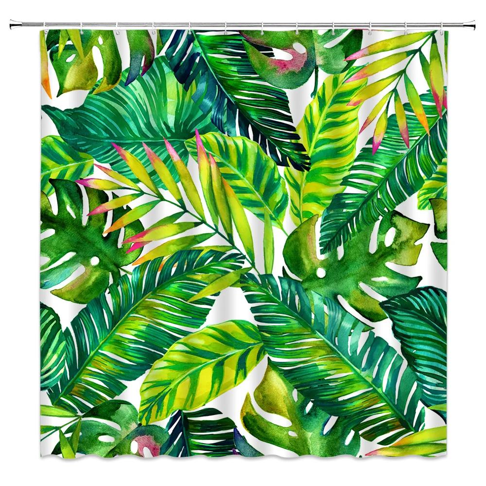 Green Tropical Plants Shower Curtain Bathroom Waterproof Polyester Shower Curtain Leaves Printing Curtains for Bathroom Shower