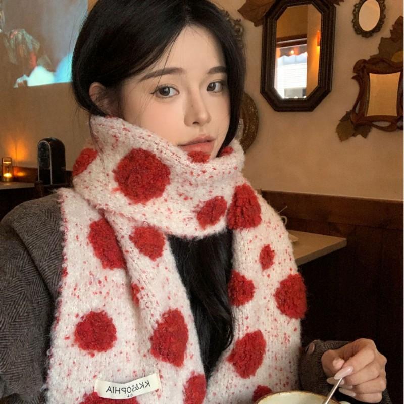 Korean Style Contrast Polka Dot Knit Scarf Winter Warm Neck Wrap Students Casual Chic Accessory