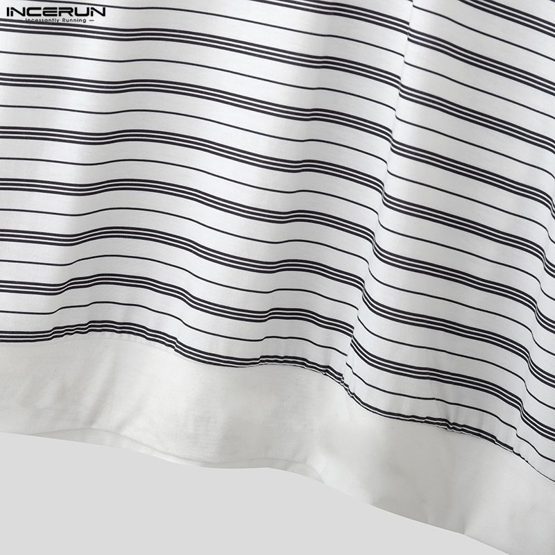 INCERUN Men Lapel Neck Long Sleeve Striped Patchwork Casual T-shirts Tops