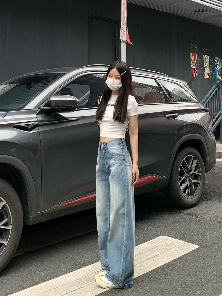 

Удобные светло-голубые джинсы прямого кроя с высокой посадкой для женщин, дизайнерские, с вышивкой, свободные, тонкие, драпирующиеся, широкие брюки, джинсы для женщин, длинные джинсовые брюки S