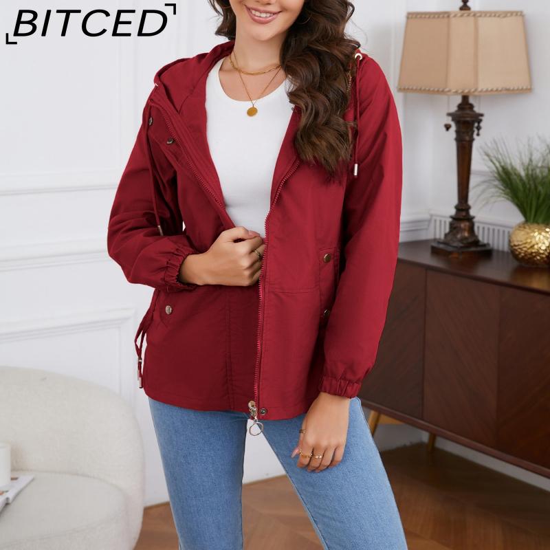 BITCED Spring/Autumn Casual Trench Coat for Women Loose-Fit Windproof Jacket with Hood Long-Sleeved Windbreaker