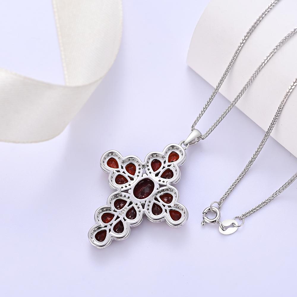 Women's Cross Pendant S925 Silver with 18inch Chain Necklace Natural Red Garnet Gemstone Fine Jewelry for Your Belief Gift