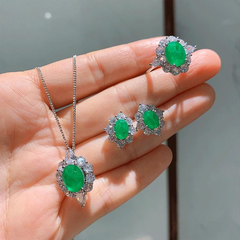

High Quality Circular Green Crystal Gemstone Necklace Adjustable Ring Earring Women Jewelry Wedding Anniversary Party Gift One size
