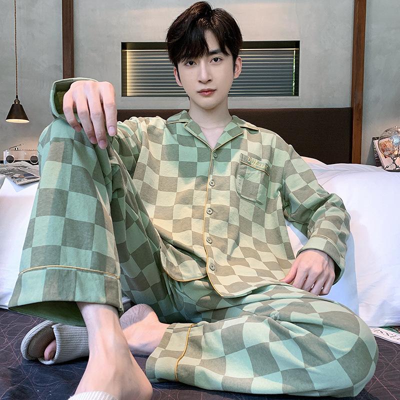 Cotton Men's Pajamas Spring and Autumn Long-Sleeved Nightwear New Cardigan Plaid Wind Homewear Sleepwear Loungewear