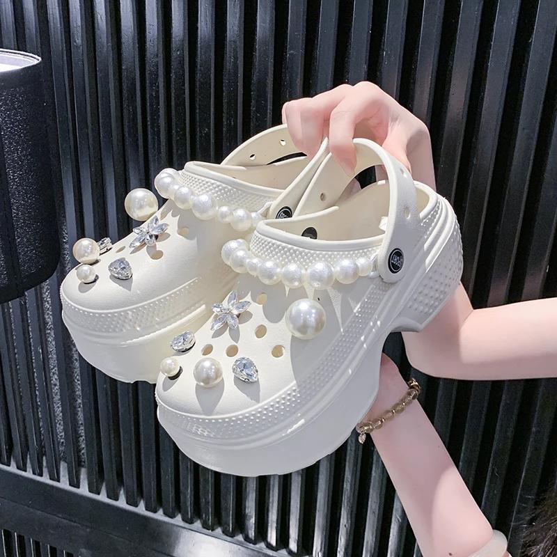 

Fashion Diy Pearls Rhinestone Platform Garden Shoes Women Fashion Pearl Chain Thick Bottom Clogs Sandals Woman Non Slip Summer Sandles 36-37 бежевый