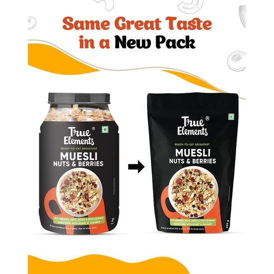 True Elements Crunchy Nuts & Berries Muesli, Almonds& Cranberries 1kg - Muesli Nuts Delight - 30% Berries | Protein Muesli| Healthy Breakfast