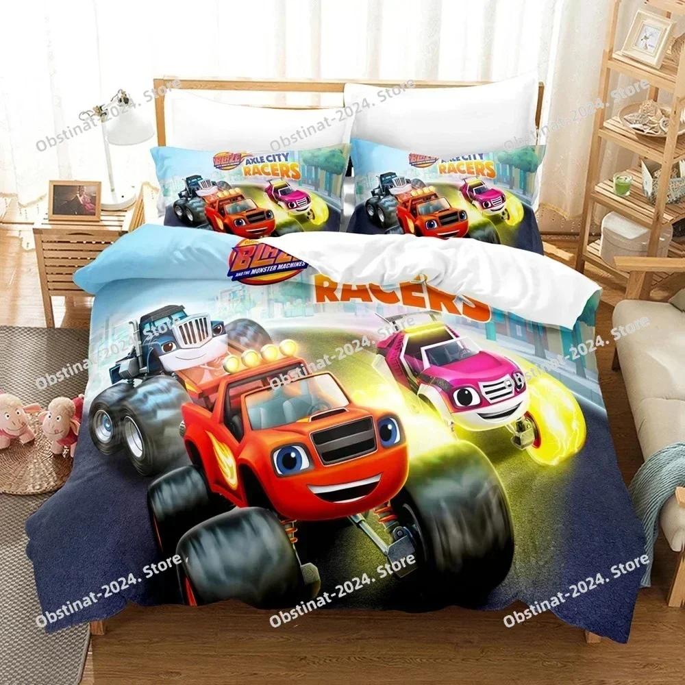 Set de așternut Blaze Cartoon Monster Machines Cearșaf de plapumă imprimat single Huse de pernă Seturi de 3 piese Dimensiuni pentru copii și adulți