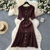 Xiaoxiangfeng foreign style fashionable round neck short-sleeved metal buckle waist knitted dress women's summer thin sweater long dress