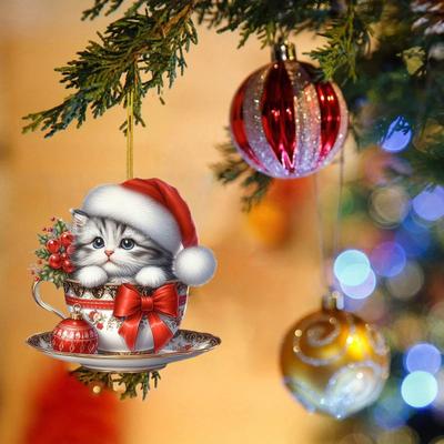 Akrylová kočičí čajová šálka závěsné ozdoby roztomilá kreslená kočka vánoční ozdoba 2D plochý přívěsek na zrcátko do auta pro vánoční stromek dekorace