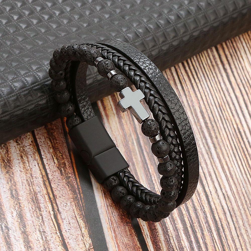 Natural stone stainless steel bracelet, tiger's eye stone, men's cross bracelet.
