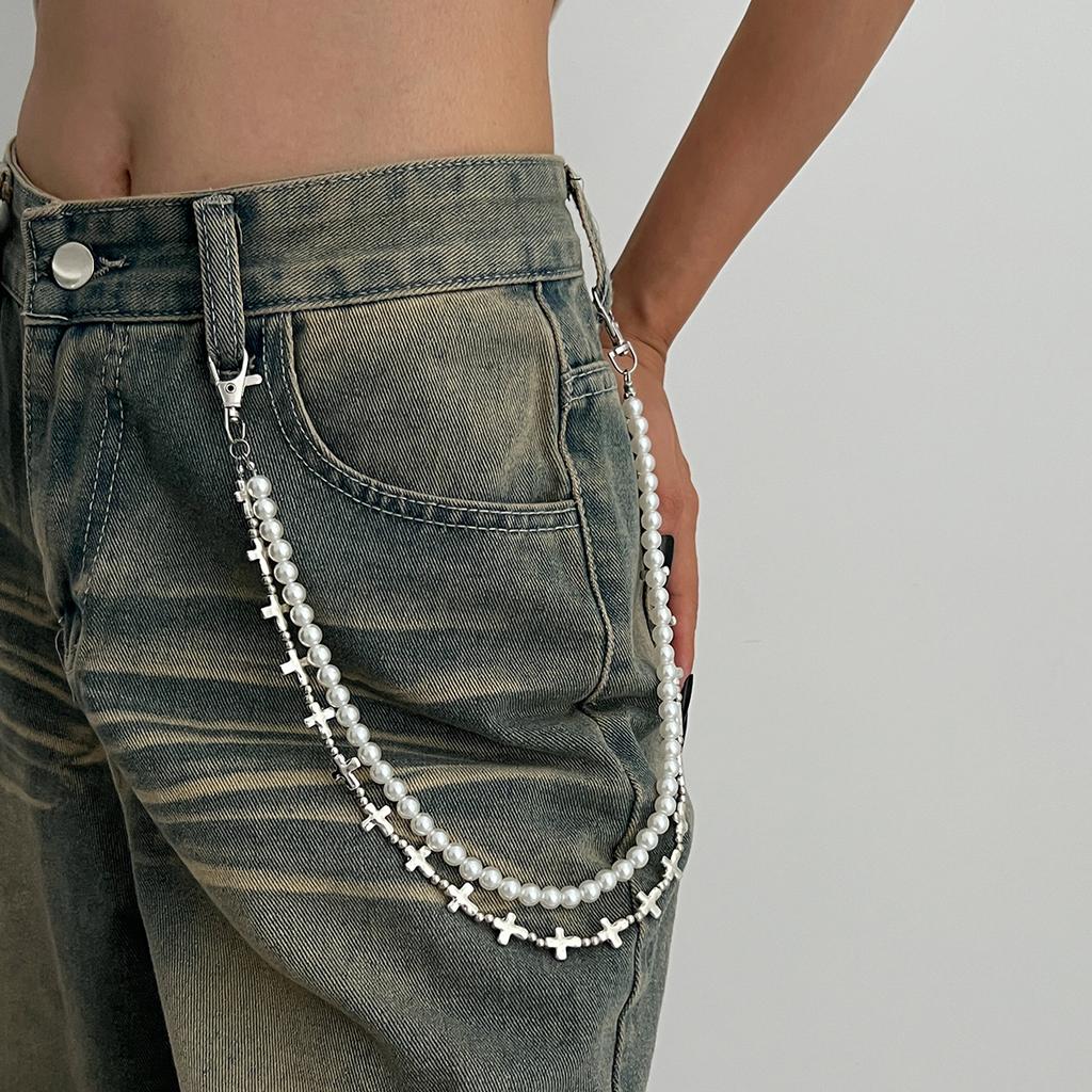 Hip-Hop Metal Cross Pendant Trouser Chain, Fashionable Imitation Pearl Beaded Chain Waist Pendant.