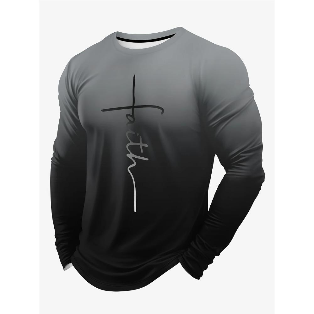 

Spring and Autumn Round Neck 3D Letter Faith with Cross Gradient Printed Top Fashionable Casual Long Sleeved Men s T-shirts S