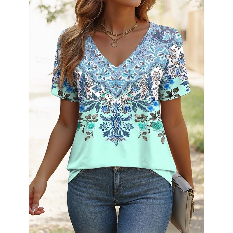 Women's T-Shirt Floral Pattern Printing Paisley Bohemian Style Retro Fashion Tees V-Neck Oversized Ladies Summer Clothing