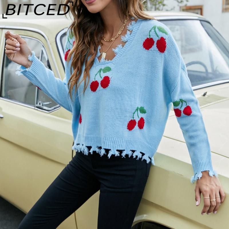 BITCED Women's Oversized Cropped V-Neck Sweater Women's Knit Sweater with Fringe for Fall/Winter