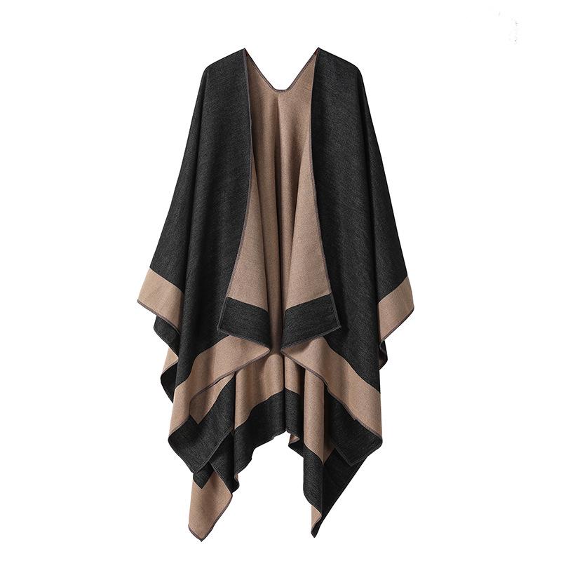 Women's European & American Double-Sided Solid Color Cape Shawl with Striped Edge