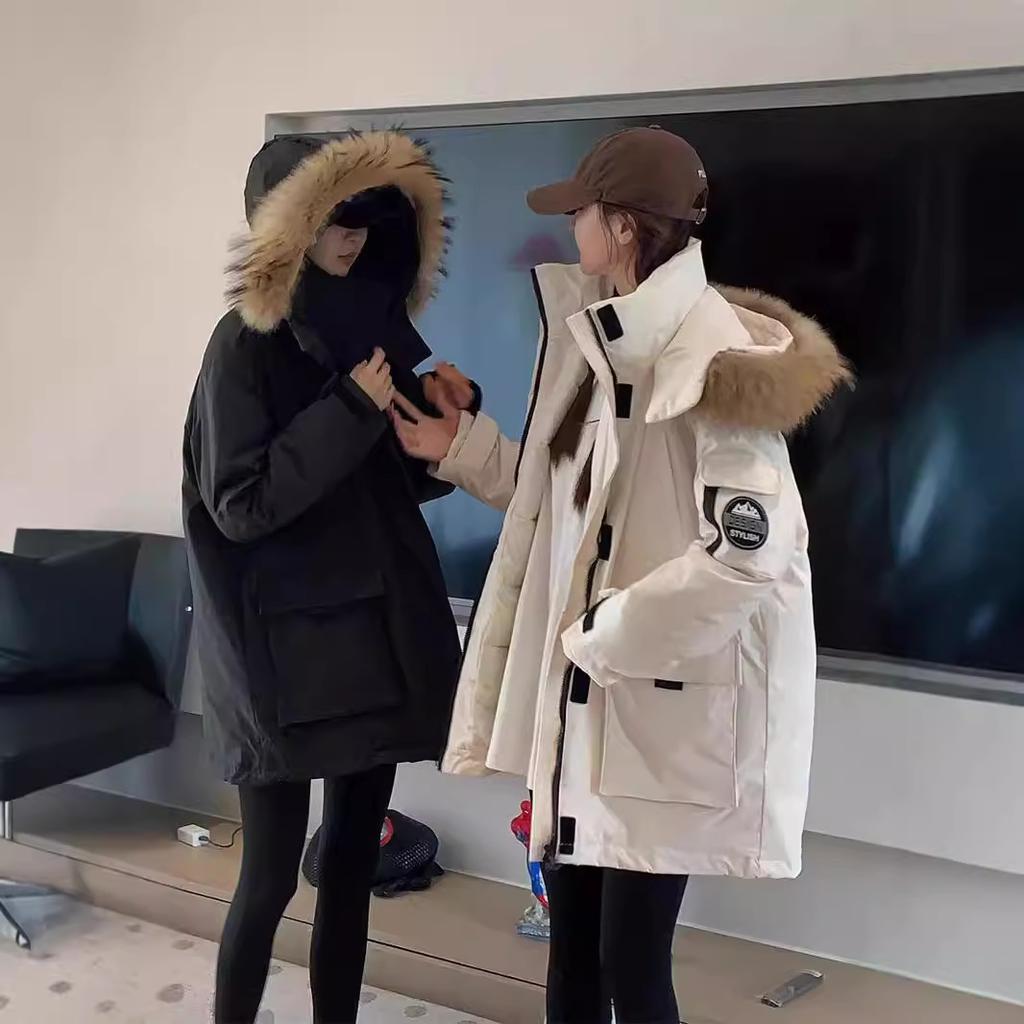 True Fur Collar, Workwear Down Cotton Jacket, Women, Winter, Thick, High-end Cotton Jacket, Medium Length, Warm Jacket