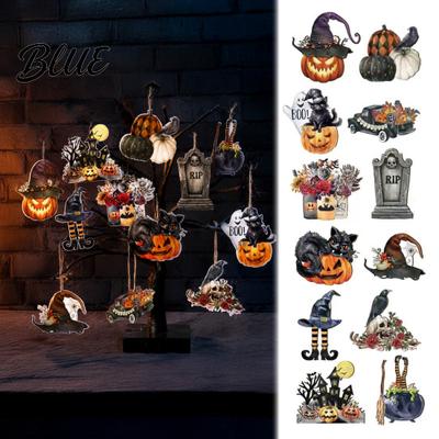 Creative Holiday Gift Tag Decorations 36Pcs Vintage Halloween Wooden Hanging Ornaments Pumpkin Black Cat Witch Ghost Scary Hat Castle Wall