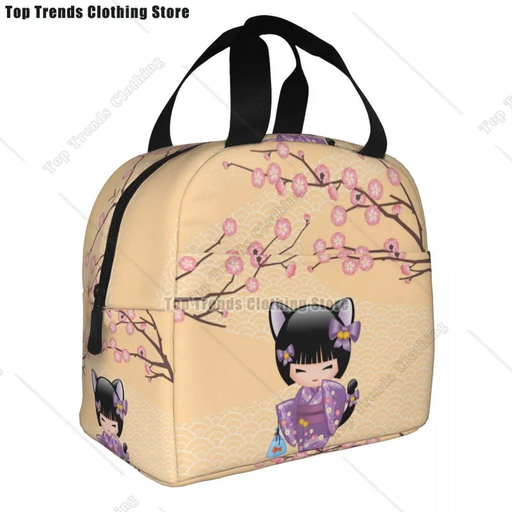 Japanese Keiko Kokeshi Doll Insulated Lunch Bag Cute Design Kimono Geisha Dolls Girls Cooler Thermal Bento Box Lunch Boxes