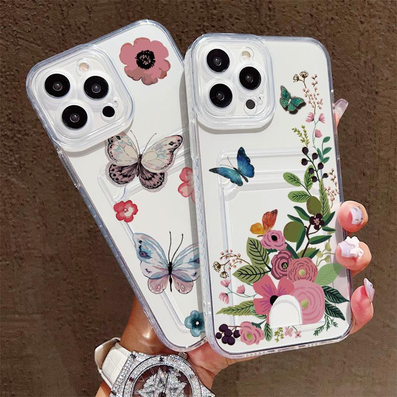 Card Slot Holder Silicone Wallet Pocket Case For Tecno Spark 10 Infinix Note 30 Oppo A60 A3 A5 Pro Samsung A06 A16 A36 A56 Cover Clear Phone Bumper