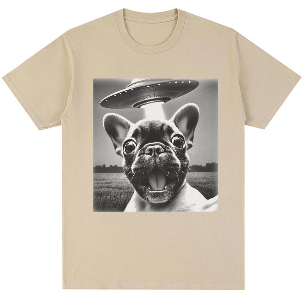 Francouzský buldoček UFO Vtipný meme Grafické tričko Vintage móda Muži Ženy Krátký rukáv Nadměrná velikost Bavlna Letní trička Streetwear