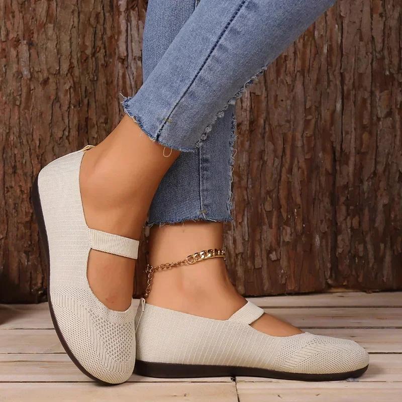 Fashion Women's Flat Shoes Solid Color Knitted Slip on Shoes Casual Breathable Ballet Flats Women Solid Color Shallow Flat Shoes Loafers