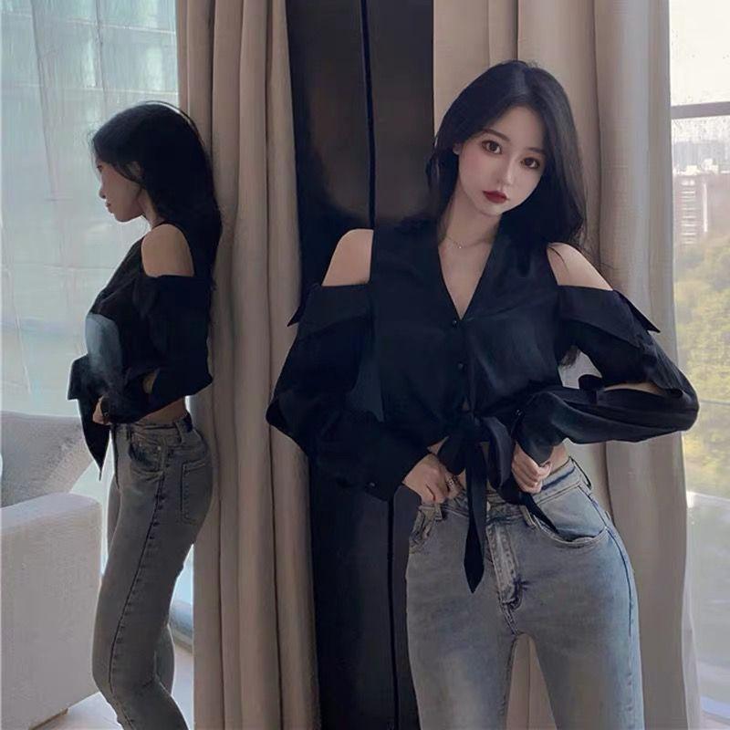 WTEMPO Off Shoulder Women Shirt Sexy V-neck Short French Style Chic Long Sleeve Shirt StreetWear Casual Top Blouse Women