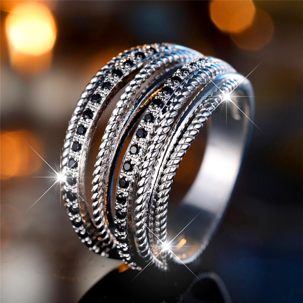 Charm Female Small Black Zircon Stone Finger Engagement Ring Vintage CopperColor Wedding Band Bridal Jewelry For Women