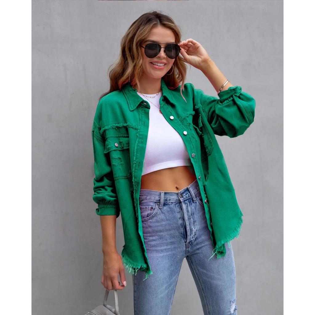 VAYLA Holes Raw-edges Denim Jacket Women Spring Autumn Shirt Style Jeancoat Casual Top Rose-Red Orange Purple Outerwear Lady Coat