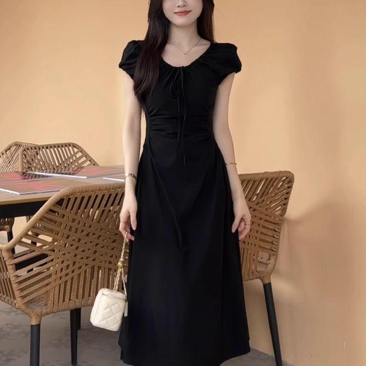 Pink Bubble Sleeve Dress Women's New Summer Sweet Waist and Thin Temperament Lace-up French Long Dress