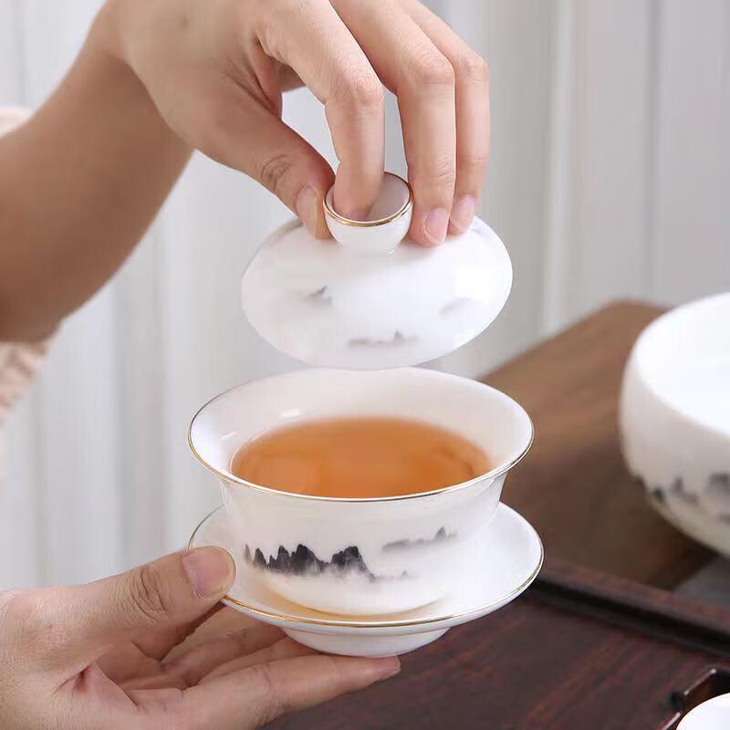 Underglaze Blue Mountain Lamb Fat Jade Porcelain Tea Set