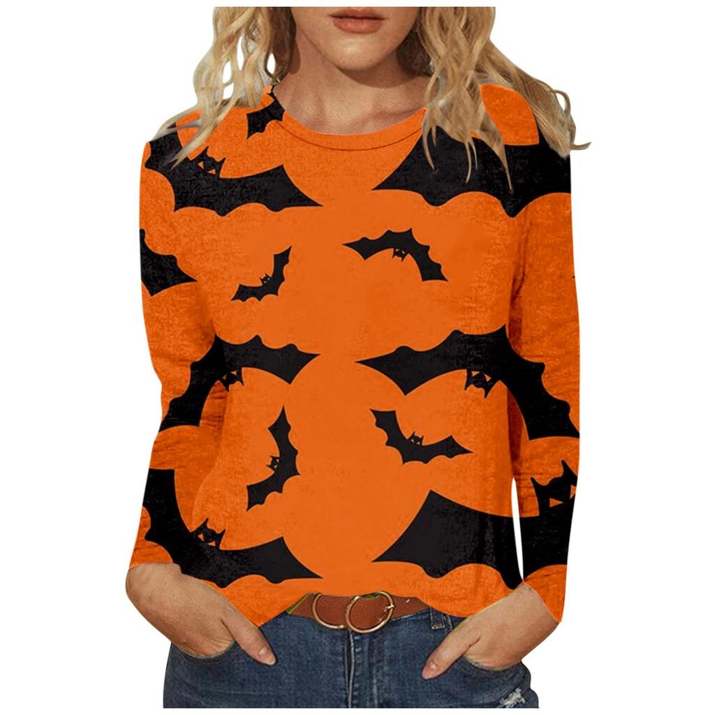 Women's Casual Fashion Halloween Print Long Sleeve Pullover T-shirt Top