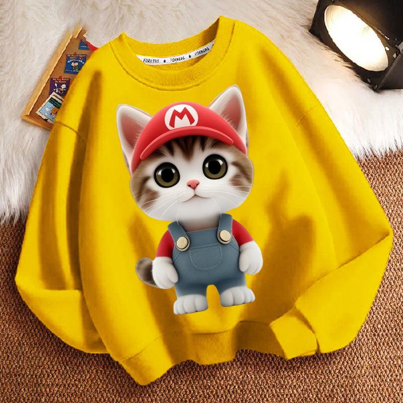 Cute Cat Round-neck Sweatshirt for Children, Long-sleeved Casual Sweatshirt for Boys and Girls in Spring and Autumn