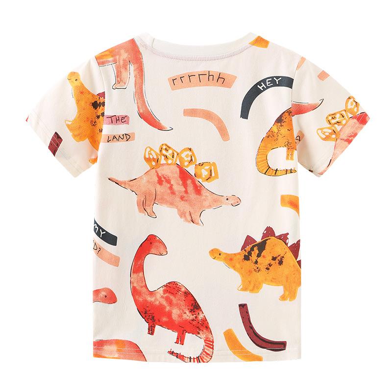Fashionable Children's T-Shirt Summer Short-Sleeved T-Shirt for Young Children Cartoon Dinosaur Print Knitted Cotton Crew Neck Top