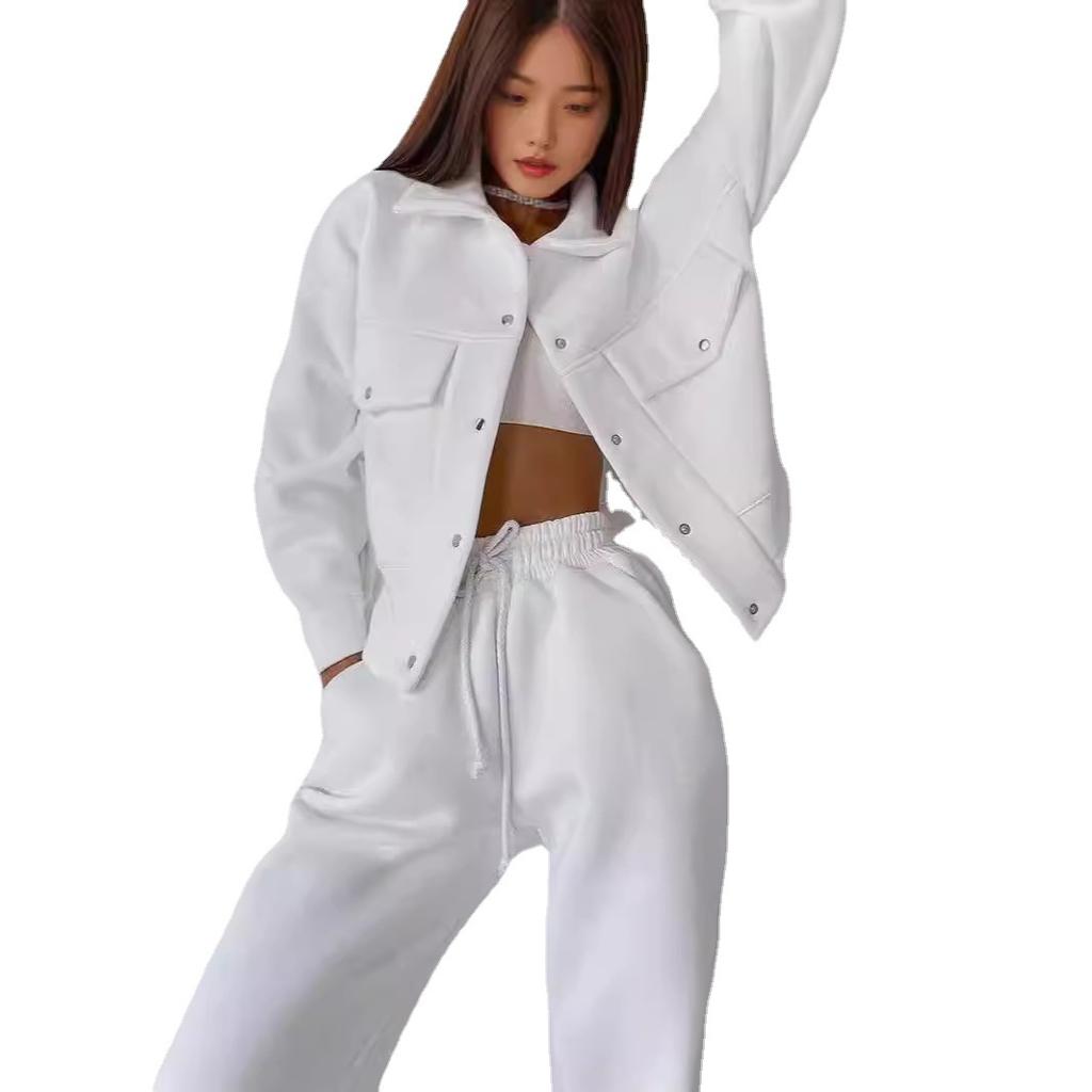 2024 European and American solid color women's single-breasted jacket top casual trousers women's suit jacket sweater pants two-piece set