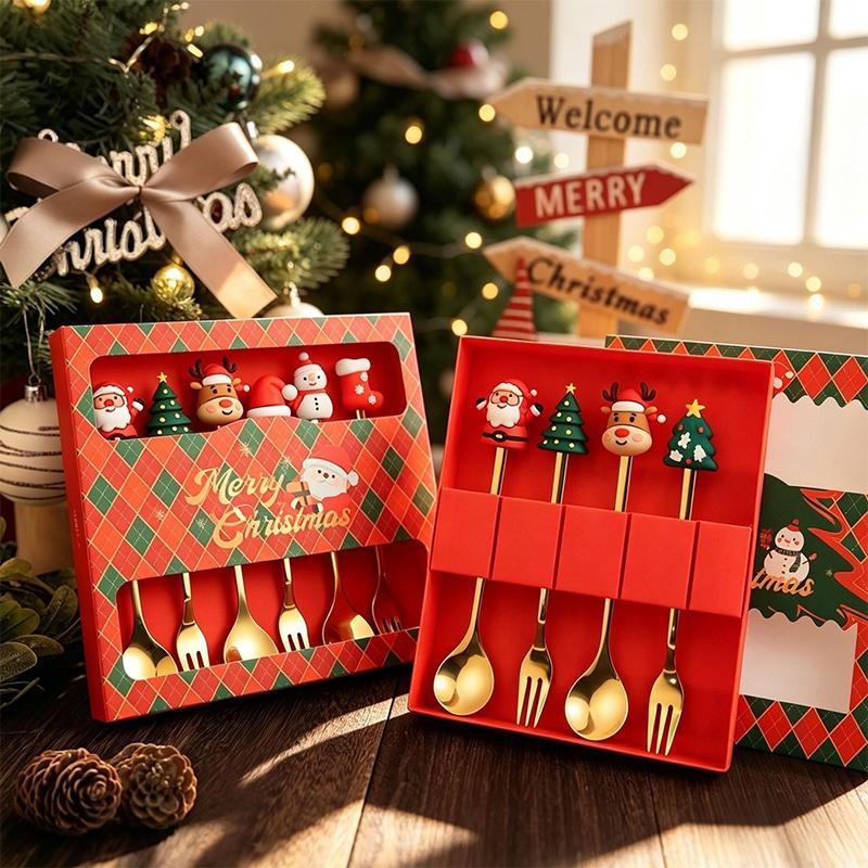 2/4Pcs Stainless Steel Xmas Spoon Fork Cutlery Set Cute Cartoon Handles for Holiday Party Table Decor