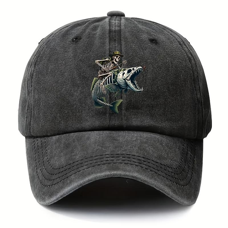 Retro SkullThemed Baseball Cap Featuring a Skeleton on a Bass Adjustable And Washable with a Worn Look Lightweight Trucker St