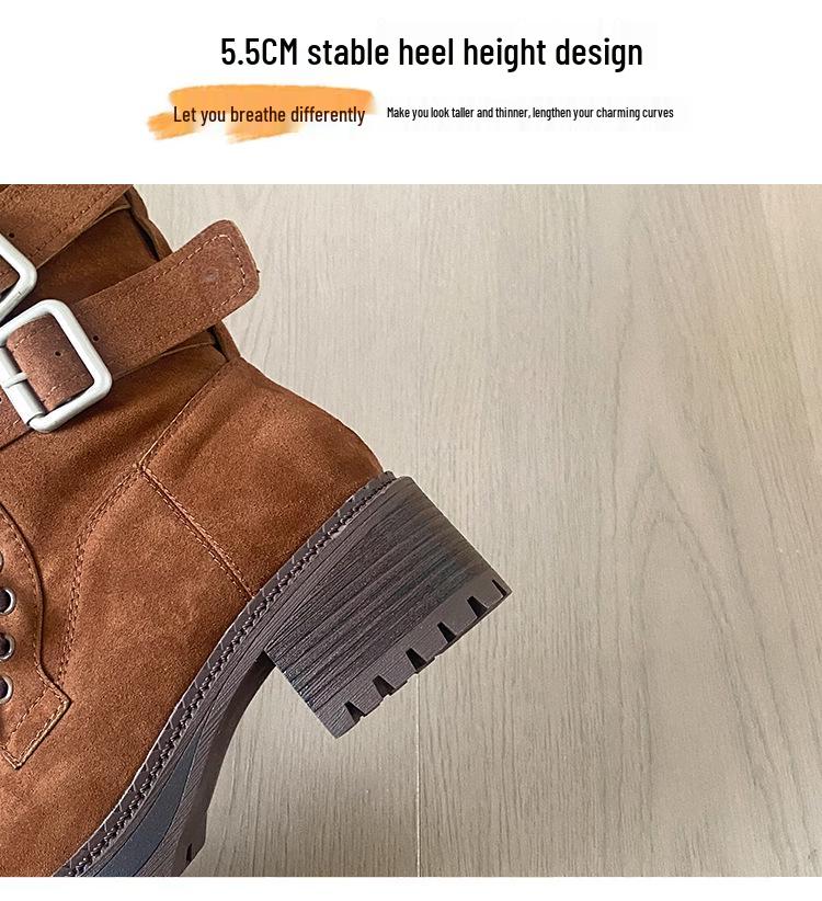 Autumn 2025 Genuine Leather Retro Mid-Calf Buckle Boots - Western Chunky Heel Motorcycle Style