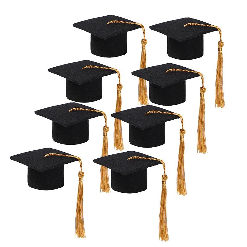 5/10pcs Chapeau de Diplômé en Feutre avec Pompons pour Fête de Remise des Diplômes Décoration DIY Bouchon de Bouteille de Vin Mini Chapeau de Diplômé Boîtes Cadeaux Bonbons
