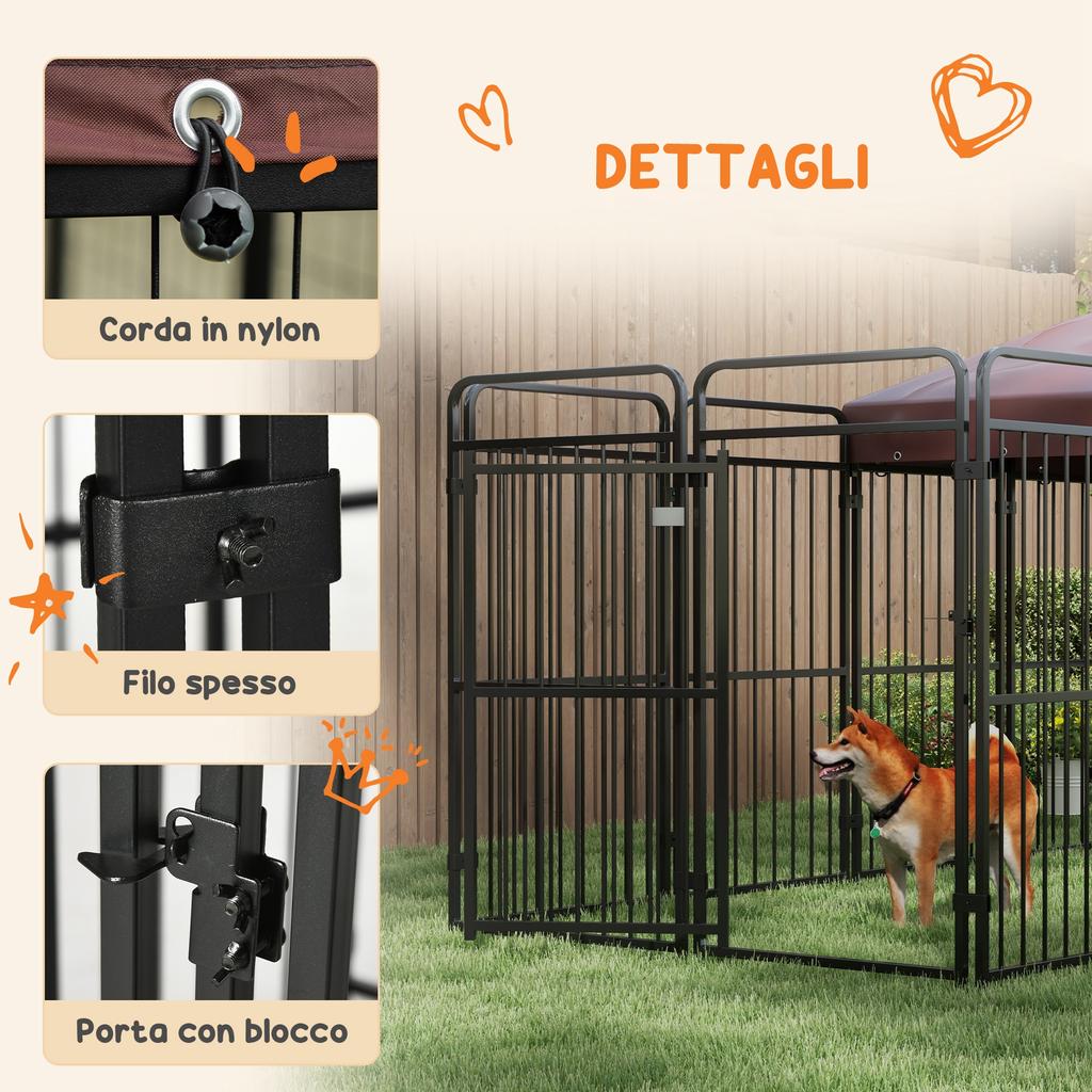Outdoor Metal Dog Enclosure with Roof, 282x141x160.5cm, Brown