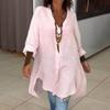 Long Sleeve Women Shirt V Neck Side Split Hem Pullover Tops Loose Fit Solid Color Summer Daily Wear