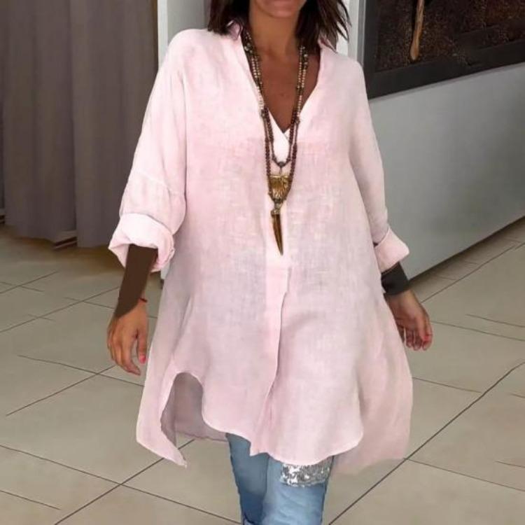 Long Sleeve Women Shirt V Neck Side Split Hem Pullover Tops Loose Fit Solid Color Summer Daily Wear
