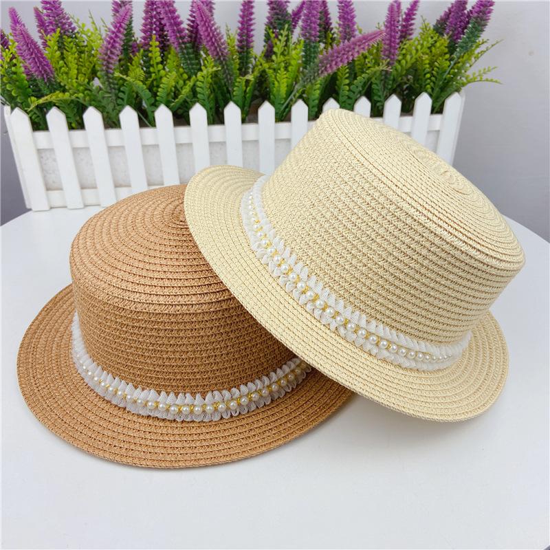 Summer small eaves straw weaving flat top flat eaves lace pearl bead grass hat sunscreen travel Internet celebrity women's Xiaoxiang style