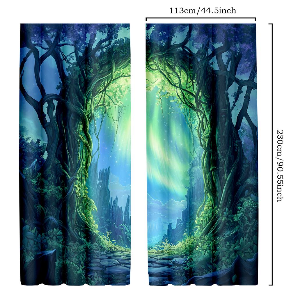 2pcs Moonlit Forest Curtains with Magic Trees and Full Moon Theme, Polyester, for Bedroom and Living Room